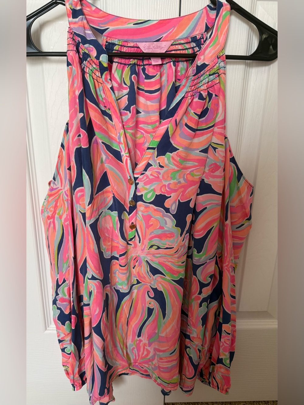 Lilly Pulitzer Opened Shoulder Silk Floral Multi color Long Sleeve Top Blouse
